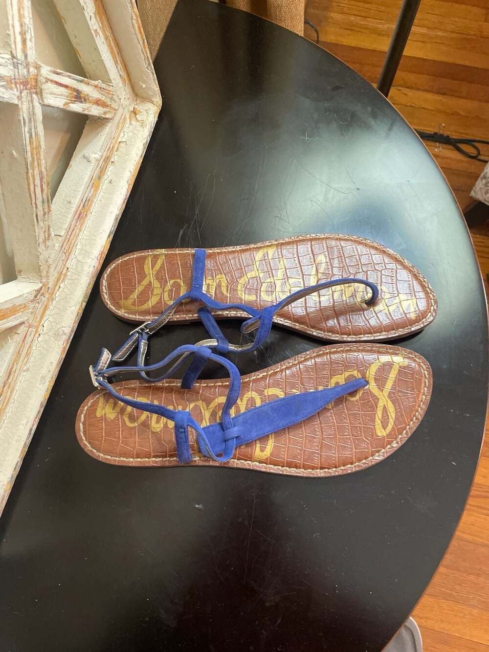 Sam Edelman Gigi Blue Suede Croc Embossed T-Strap Sandals Size 9.5 - Picture 2 of 9